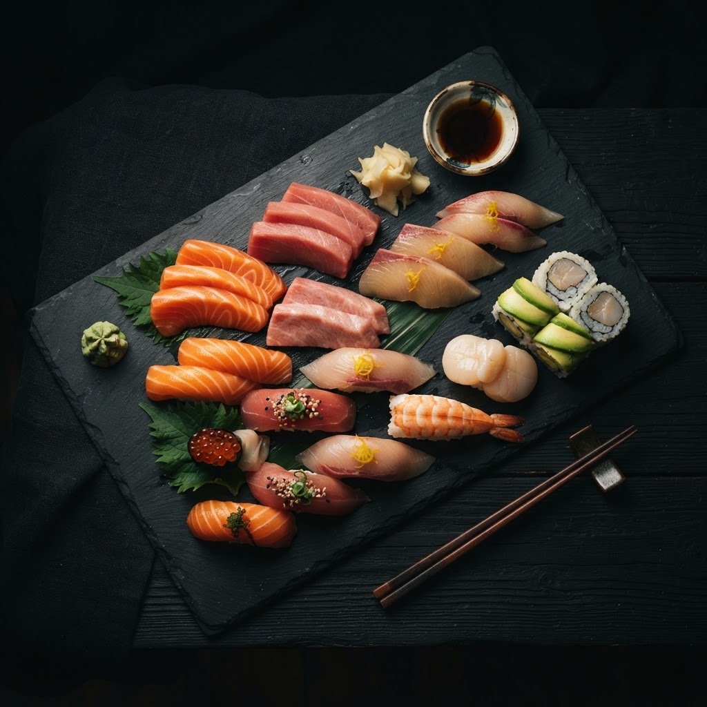 Çeşitli premium suşi ve sashimi tabağı